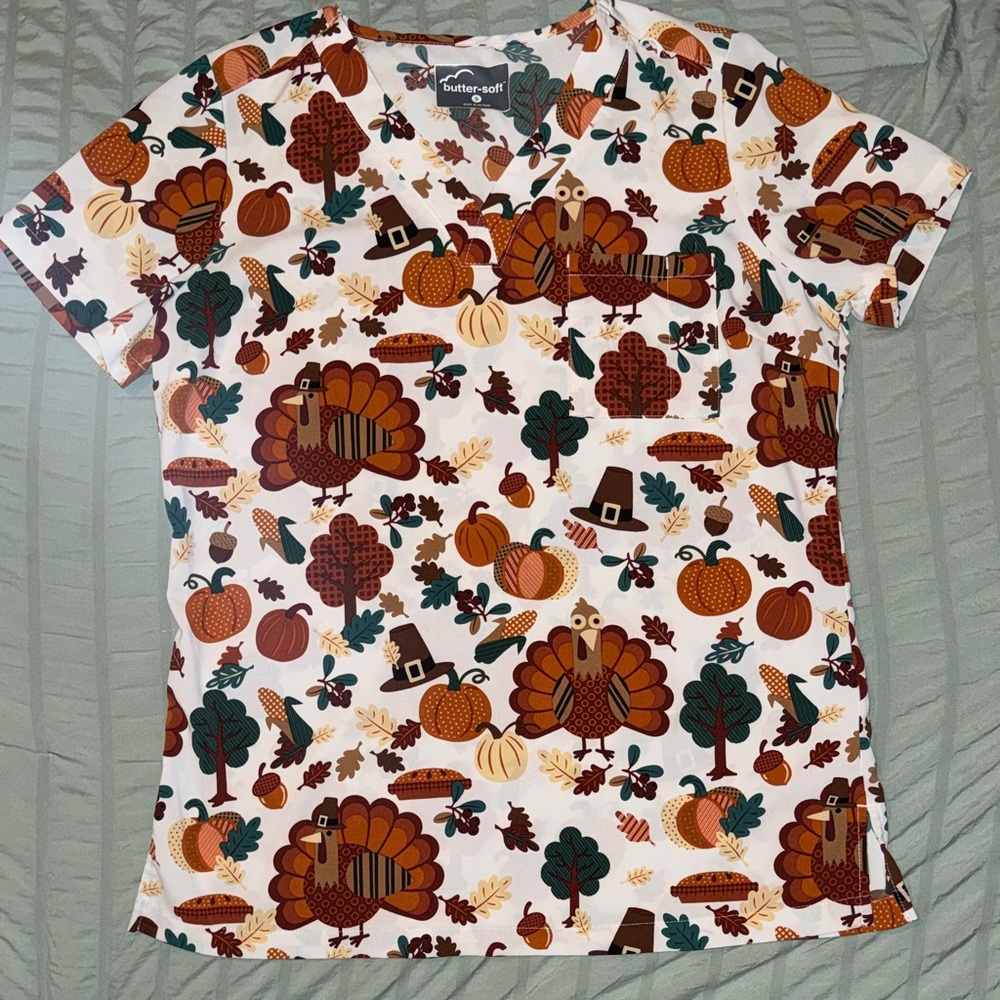 Festive Turkey Print Women's Scrub Top